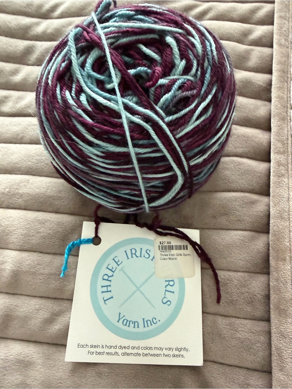 Three Irish girls Hand-Dyed Yarn Ball in Teal and Plum